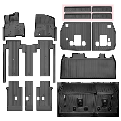 11 PCS Floor Mats for 2025 2026 Kia Carnival Hybrid 8-Seater (Not for Gas) - All Weather TPE Floor Liners Cargo Liner with Backrest Mats Carnival Accessories Custom Fit Trunk Mats Full Set Black