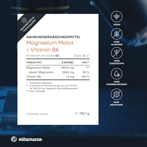 Vitamaze Magnesium Malat 360mg + Vitamin B6, Hochdosiert mit 1800 mg, 180 vegane Kapseln, 2 Monate Vorrat, Ohne Zusatzstoffe 5