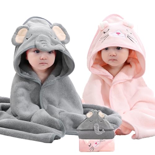 Image of kmilro Baby Hooded Towel, 2-Pack Baby Essentials Baby Towels for Boy and Girl with 31.5x31.5 inch and 2 Different Designs, Soft Absorbent Baby Bath Essential Bath Towel as Best Gift for Newborn