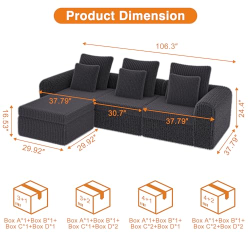 Image of Feonase Modular Sectional Sofa, Cloud Sectional Couch with Deep Seat, 106.3'Modern Modular L Shape Sofa Couch with Chaise, Upholstered Boneless Couches for Living Room Bedroom, Dark Grey