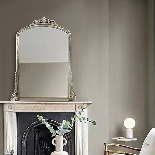 Traditional Arched Mirror Baroque Large Decorative Wall Mirror Bathroom Vanity Rectangle Wall Mirror,36''X28'',Antique Silver #TOP6