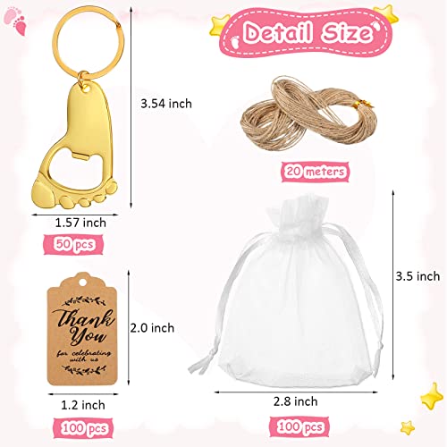 50 Pieces Footprint Keychain Bottle Opener Baby Shower Favors For Guest Souvenirs Supplies And Decorations With Organza Bags Tags And 20 Meters Rope (Gold) #TOP1