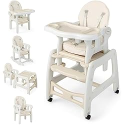 Trona Bebécar COSTWAY 5 en 1 Tronas de Bebe, Trona Portatil con 2 Bandeja Extraíble de 4 Posiciones, Cojín, Respaldo de 3 Niveles, Silla de Comer, Trona Evolutiva para 6-72 Meses