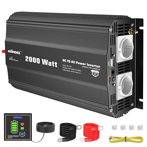 GIANDEL Inversor de Corriente 2000W Onda Modificada Convertidor 12V 220V 230V con Mando a Distancia y 2 AC Tomas & 2 USB Puertos para Coche de camión Caravana