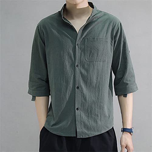 Generic Mens 3/4 Sleeve Shirts Summer Button Down Blouse Solid Color Cotton Linen Shirt Big and Tall Quick Dry Clothing Green, Large2