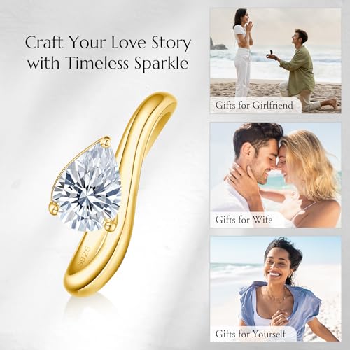 Image of NORBU Solitaire Wavy Moissanite Engagement Rings for Women, 1.5CT D Color VVS1 Clarity Pear Cut, 925 Sterling Silver Promise Ring with 18K White Gold Plated, Jewelry Gift for Wedding Anniversary Birthday Christmas Valentine's Day