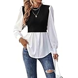 Autumn and Winter Women's Long Sleeved Fake Two-Piece Patchwork top Round Neck Patchwork Temperament Women's Shirt (Black,S)