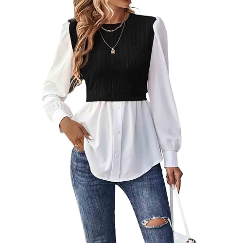 Autumn and Winter Women's Long Sleeved Fake Two-Piece Patchwork top Round Neck Patchwork Temperament Women's Shirt (Black,S)
