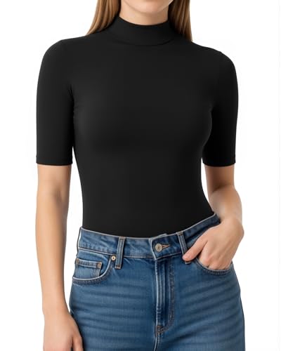 Image of ALGALAROUND Women's T-Shirts 1/2 Sleeve Tops Turtle Neck Tight Elbow Length Sleeve Shirt Fitted T Shirt Ladies Short Sleeve Top Going Out Basic Shirt for Women Party Summer Casual Tee Black L