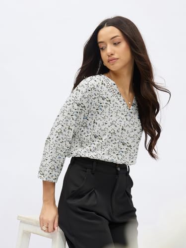 Image of SheWill Printed Top with Contrast Tipping - Stylish Ethnic & Western Tops for Women - Summer Travel Wear, Trendy Tops for Jeans, Lightweight & Comfortable Casual Wear