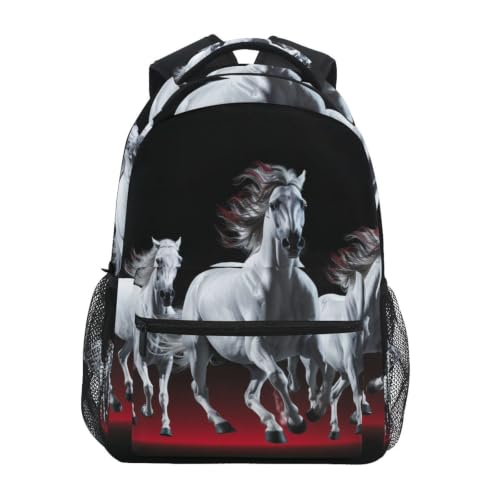 Sac à dos chevaux blancs noir et rouge pour scolaires et voyages
