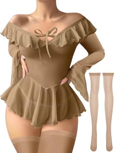 Image of Foxiny Sheer Ruffle Long Sleeve Babydoll Lingerie Dress | Off-shoulder neckline, flared cuffs and a flounce hem add movement; thong and thigh-high stockings complete the 3-piece set