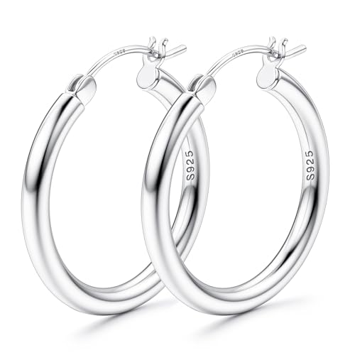 MILACOLATO S925 Sterling Silver Hoop Earrings 14K Real Gold Plated Hoops 3mm Chunky Large Big Hoop Earrings Hypoallergenic Lightweight Earrings for Women 15/20/30/40/50/60/70mm