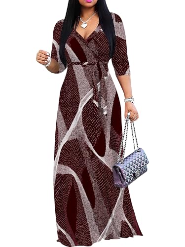 Image of Plus Size Dresses for Women Print Maxi Dresses 3 /4 Sleeve with Belt