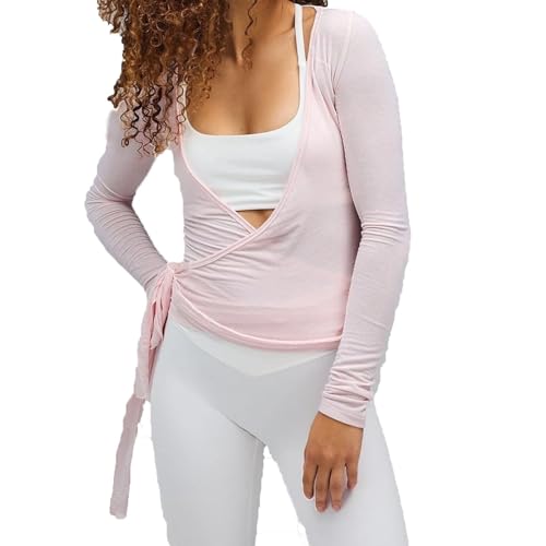 Moilkooe Top avvolgente da donna per danza classica, vestibilità aderente, scollo a V, cravatta frontale, maniche lunghe, yoga, pilates, allenamento, magliette crop top fitness cardigan da annodare