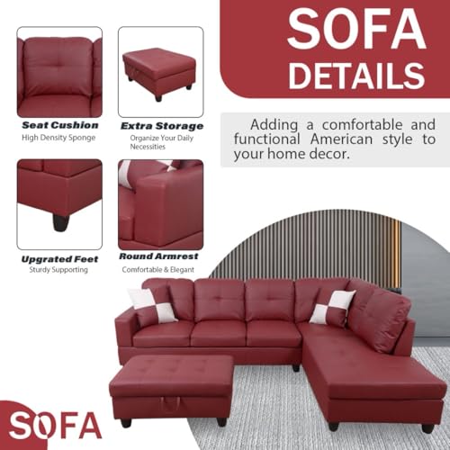 Image of Red L-Shaped 3-Piece Faux Leather Sofa with Storage Ottoman Set, Sectional Couch Leather-Like Sofa Set for Living Room, Office, Small Space