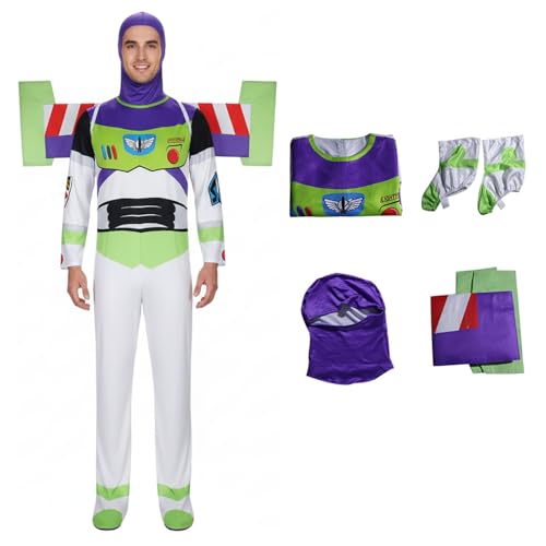 JUIWAULY Space Ranger Costume Adult Buzz Astronaut Costume Halloween Cosplay One Piece Bodysuit with Hood Wing Foot Cover L