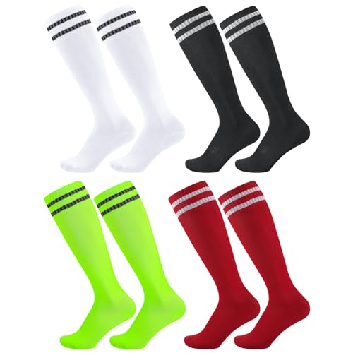 Jspupifip 4 Pairs Kids Football Socks Soccer Softball Baseball for Youth Boys and Girls Striped Knee High Athletic Socks