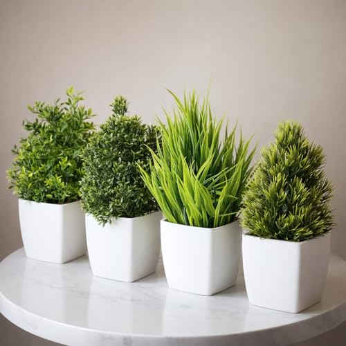 Artificial Potted Plants Set of 4, Green, White Pots, Small Faux ...