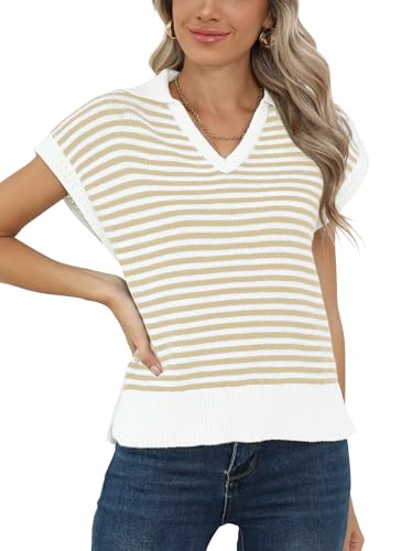 Image of Summer Sweater Vest for Women Knit Sleeveless Striped Johnny Collar Pullover Tank Tops V Neck Cap Sleeve Blouse