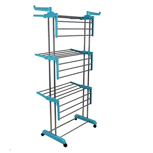 Livix Heavy Duty Rust-free Stainless Steel Double Pole Cloth Drying Stand For Balcony/Clothes Dryer Stands/Laundry Racks with Wheels for Indoor/Outdoor/Balcony (Indian Blue)