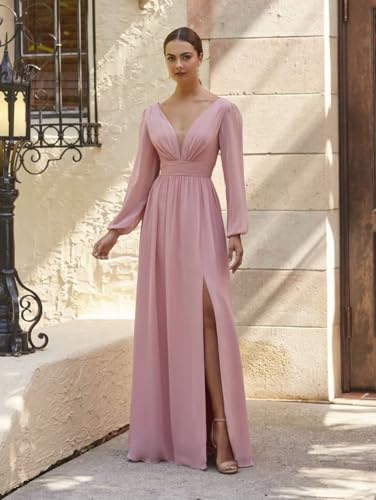 Long Sleeves Bridesmaid Dresses with Slit Chiffon Formal Party Gowns with Pockets for Women RO0072