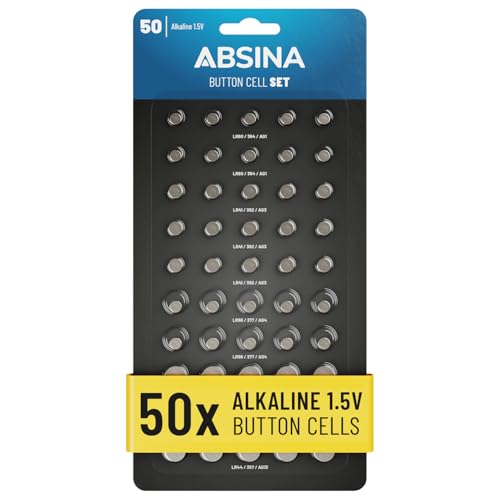 ABSINA Button Batteries Mixed Pack of 50 Alkaline 1.5V