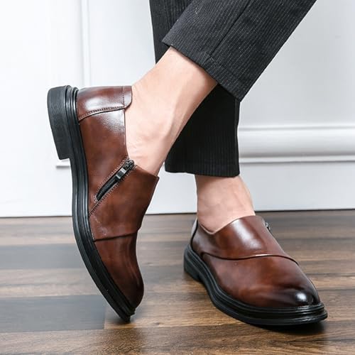Men's Leather Slip-On Penny Loafers with Side Zipper Classic Driving Business Work Office Dress Shoes Daily Breathable Non-Slip Casual Shoes4