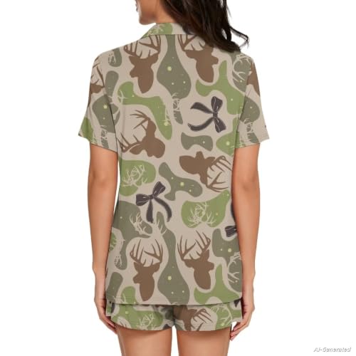 Image of Renewold Women's Short Sleeve Pajama Set Button Down Sleepwear with Notch Collar Soft Lounge Top and Shorts with Pockets