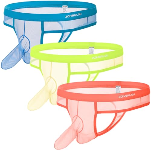 JINSHI Men's Sexy Transparent Thongs Underwear See Through T-Back With Bulge Pouch, Mesh G-string Butt-Flaunting Elephants