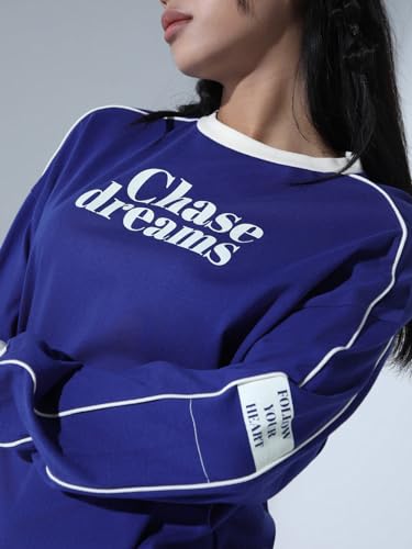 Image of Hubberholme Womens Blue Cotton Round Neck Printed Relaxed Fit Tshirts
