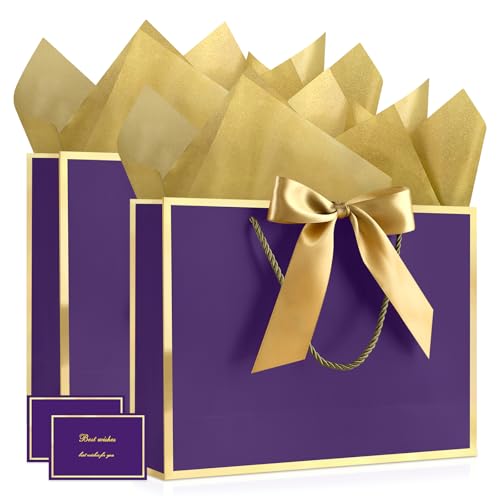 Image of JMANNI Gift Bags with Handles, 13 inch Medium Gift Bags with Tissue Paper | 2 Pcs Purple Bags, 4 Tissue Paper and 2 Cards, for Baby Shower, Wedding Bridal Shower, Birthday Party