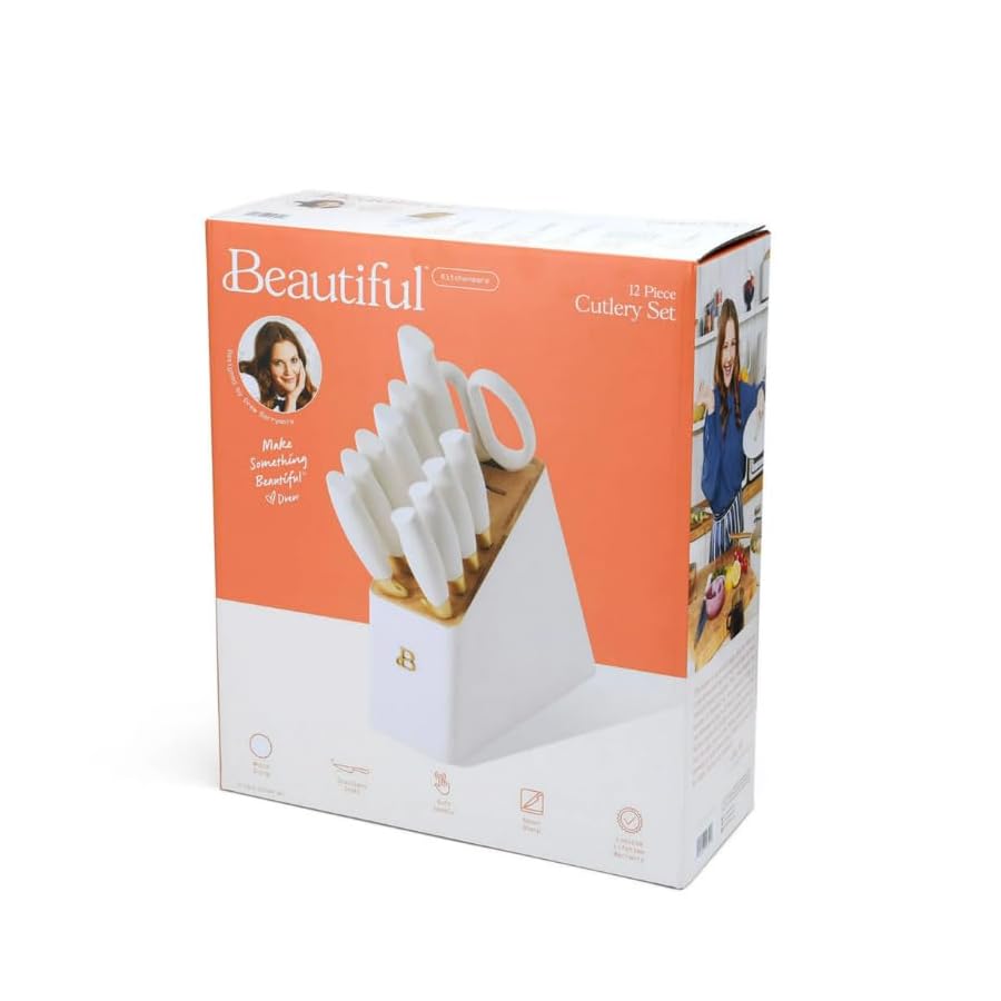 Beautiful 12 Piece Stainless Steel Knife Block Set, Soft-Grip Handles by Drew Barrymore (White Icing)