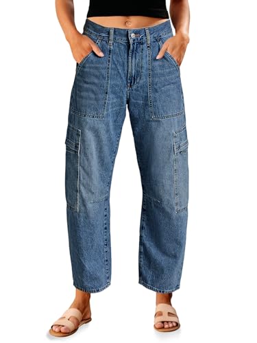 PLNOTME Womens Cargo Barrel Jeans High Waisted Boyfriend Baggy Denim Pants with 6 Pockets