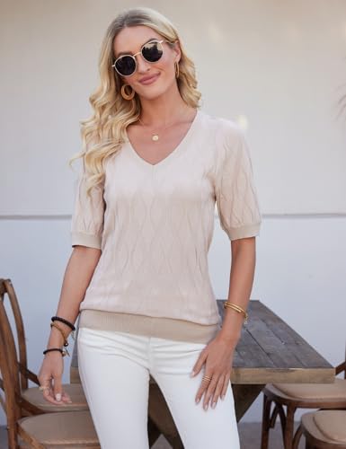 Image of CiCiBird Women Summer Short Puff Sleeve Sweater V Neck Knit Pullover Tops Casual Trendy Ribbed Shirt Apricot M