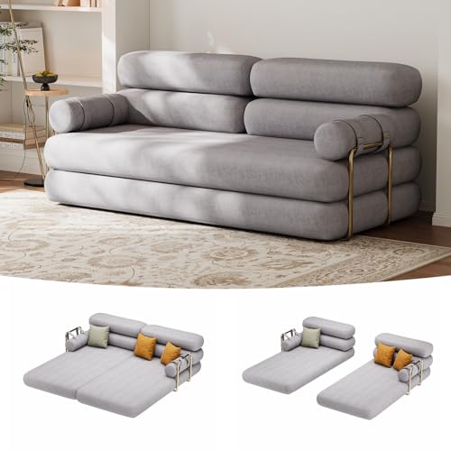 Homary Canapé Convertible 3 Places en Velours Blanc 206 cm Futon, Pieds Acier Inoxydable, Idéal Salon et Appartement (Gris Clair)