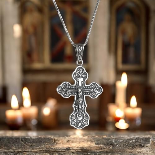 Orthodox Cross Necklace for Women - 925 Sterling Silver - Jesus Christ Crucifix Pendant with Prayer Spiga Rope Chain 20" - Christian Religious Jewelry - Handmade2