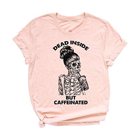 Dead Inside But Caffeinated Skull Mom Bun Shirt, Graphic Tshirt Top - Orange - X-Small Cover