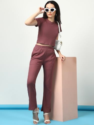 Image of Rigo Cotton Solid Co-ord Set for Women | Round Neck, Slim Fit Tracksuit Co-ords Set for Women | Two Piece Co ord Set | Casual Wear, Beach Wear, Vacation Wear Outfit for Women