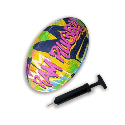 Ram Rugby Fun Graffiti Squad Trainer Rugby Ball & Mini Pump, Available in Size 5, 4, 3, & 1 (Mini), For Kids & Adults