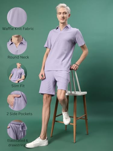 Image of Rigo Cotton Blend Waffle Knit Self Textured Co-Ord Set For Men's|Night Suit Set|Lounge-Wear Pajama Set|Night Wear, Beach Wear, Vacation Wear