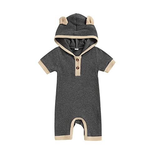 Image of Thorn Tree Newborn Baby Girl Boy Hooded Romper Unisex Baby Knitted Jumpsuit Infant Kids Solid Outfits Baby Girl Boy Jumpsuit (Gray 2, 3-6 Months)