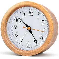 Oxmidud 4 '' Natural Wooden Analog Alarm Clock with Soft Night Light Battery Operated Non Ticking