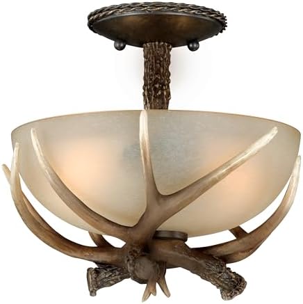 VAXCEL Yoho 12-in W Bronze Rustic Antler Bowl Semi Flush Mount Ceiling Light Fixture with Cream Glass Shade LED Compatible