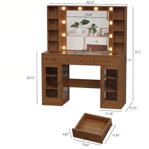 Image of HUANLEGO Walnut Vanity Desk with Mirror and Lights, Glass Top Vanity with Lighted Mirror & RGB Glass Cabinet and 3 Drawers, Makeup Vanity Desk with Lights Dressing Table for Bedroom, 3 Color Modes