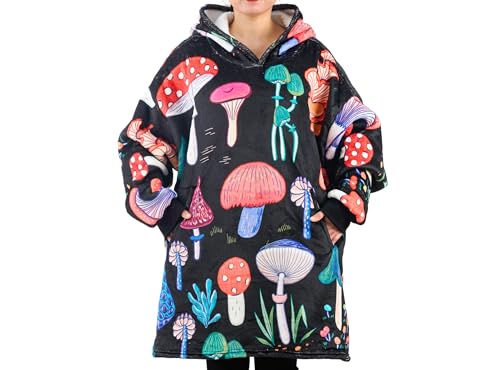 Huglanket Mushroom Gifts for Women & Men - Wearable Mushroom Blanket Hoodie, Oversized Flannel Blanket Hoodie for Adults, Perfect Birthday & Christmas Gifts, One Size Fits All