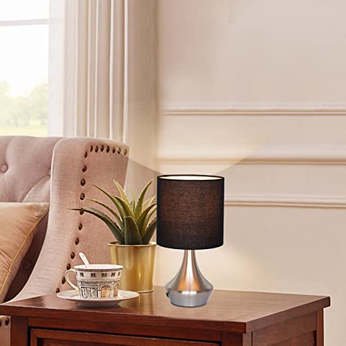 Minghe Small Touch Control Table Lamp,Nickel Plated Base,Black Tc Cloth Shade Nightstand Lighting For Bedroom Livingroom, Led Bulbs Included(Pack Of 2) #TOP4