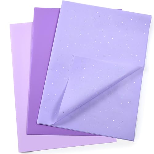 SUNCOLOR Purple Tissue Paper Set 36 Sheets Glitter and Solid 20 x 20 Inch 3 Assorted Shades for Gift Wrapping and Crafts