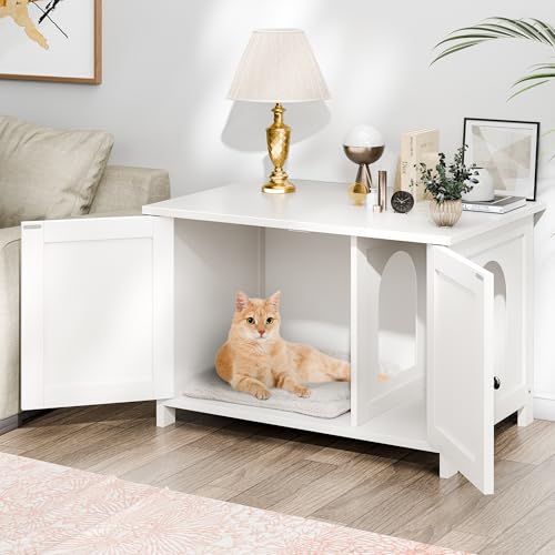Shintenchi Cat Litter Box Enclosure, Litter Box Furniture Cabinet Hidden with Removable Divider, Wooden Cat House with End Table, White, 26.5 inch by Shintenchi - Image 2