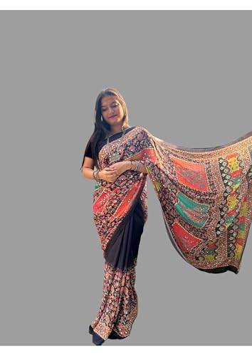 Image of Women's Banarasi Silk Georgette Saree Featuring Silver Sequin And Mirror Work